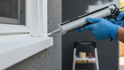 Professional painter applying exterior caulking and sealing on Tucson AZ home for moisture protection
