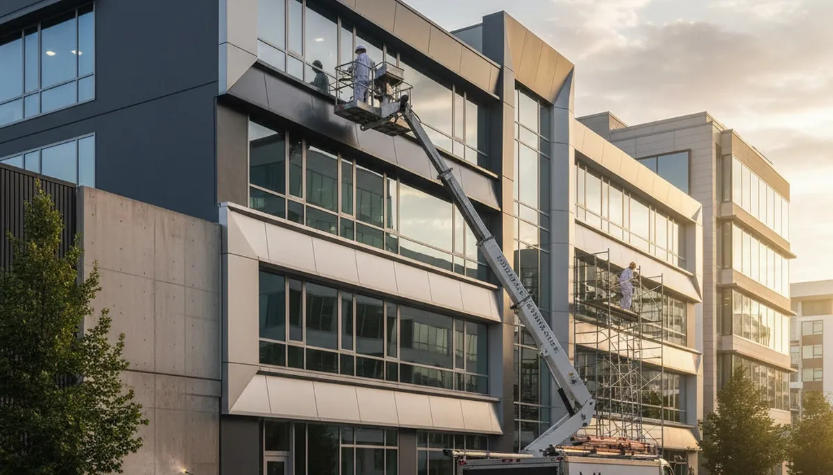 Professional commercial painters coating Tucson AZ business exterior for sun-resistant finish