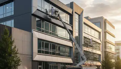 Professional commercial painters coating Tucson AZ business exterior for sun-resistant finish