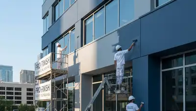 Professional commercial painters coating Tucson AZ building exterior with durable desert‑proof paint