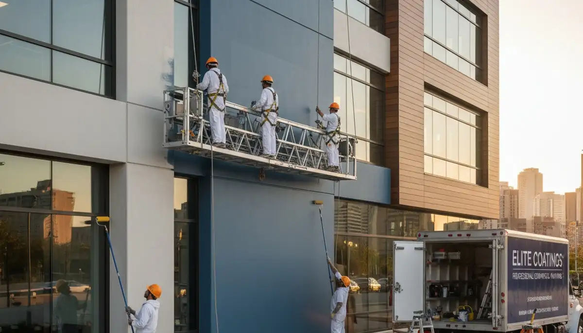 Professional commercial painters coating Tucson AZ business exterior for sun-resistant finish