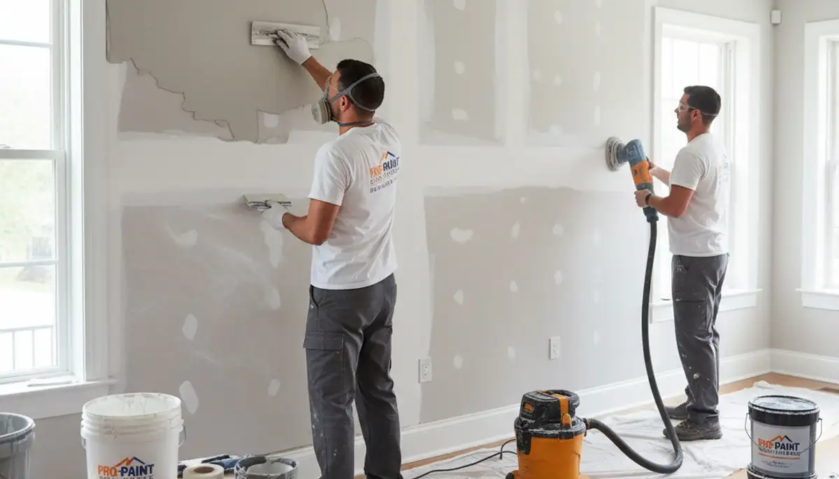 Technician repairing drywall cracks in a Tucson AZ home, expert wall restoration and painting service