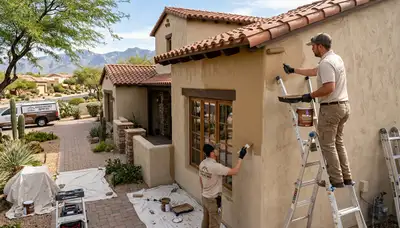 Professional house painters in Tucson AZ applying exterior paint to a home façade
