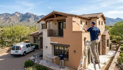 Professional house painters working on exterior home repaint in Tucson, AZ