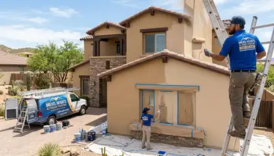 Professional house painters working on exterior home repaint in Tucson, AZ