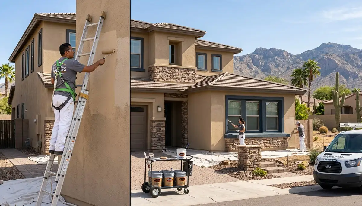 Professional house painting contractors in Tucson AZ refreshing home exterior with quality paint finish