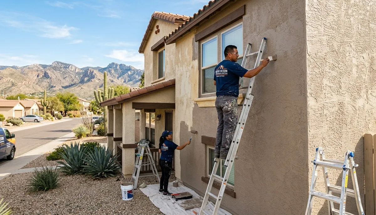 Professional house painters applying exterior paint to a Tucson AZ home for a smooth lasting finish