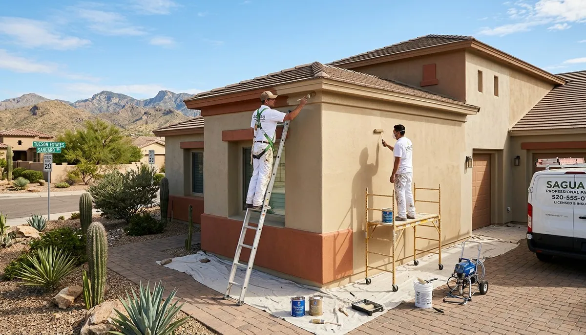 Professional house painting contractors working on a Tucson AZ home exterior