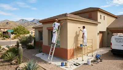 Professional house painting contractors working on a Tucson AZ home exterior