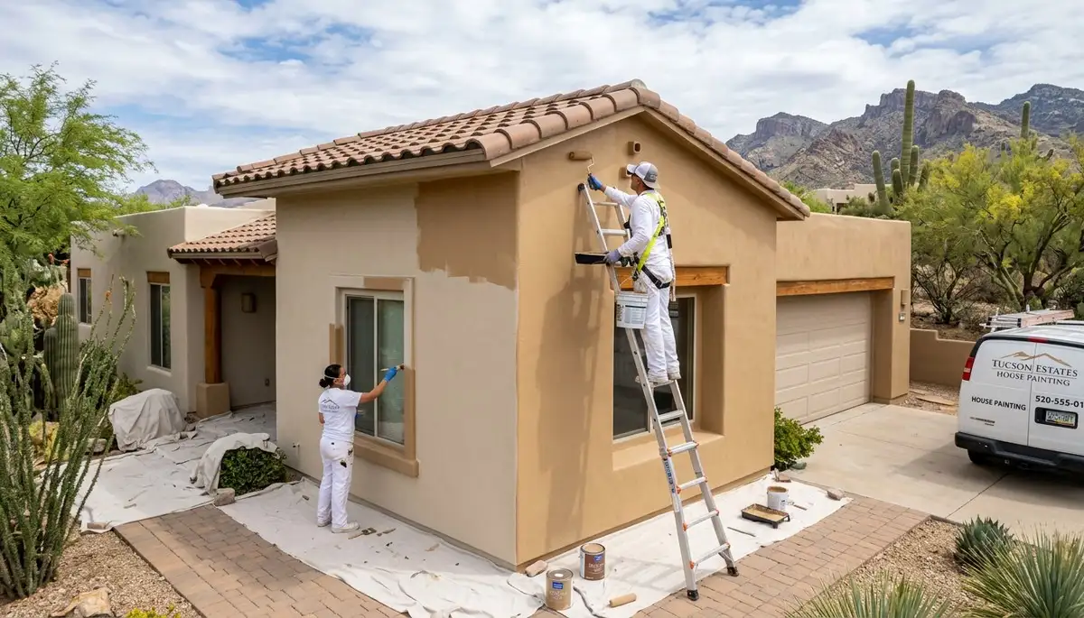 Professional house painters working on exterior home repaint in Tucson, AZ