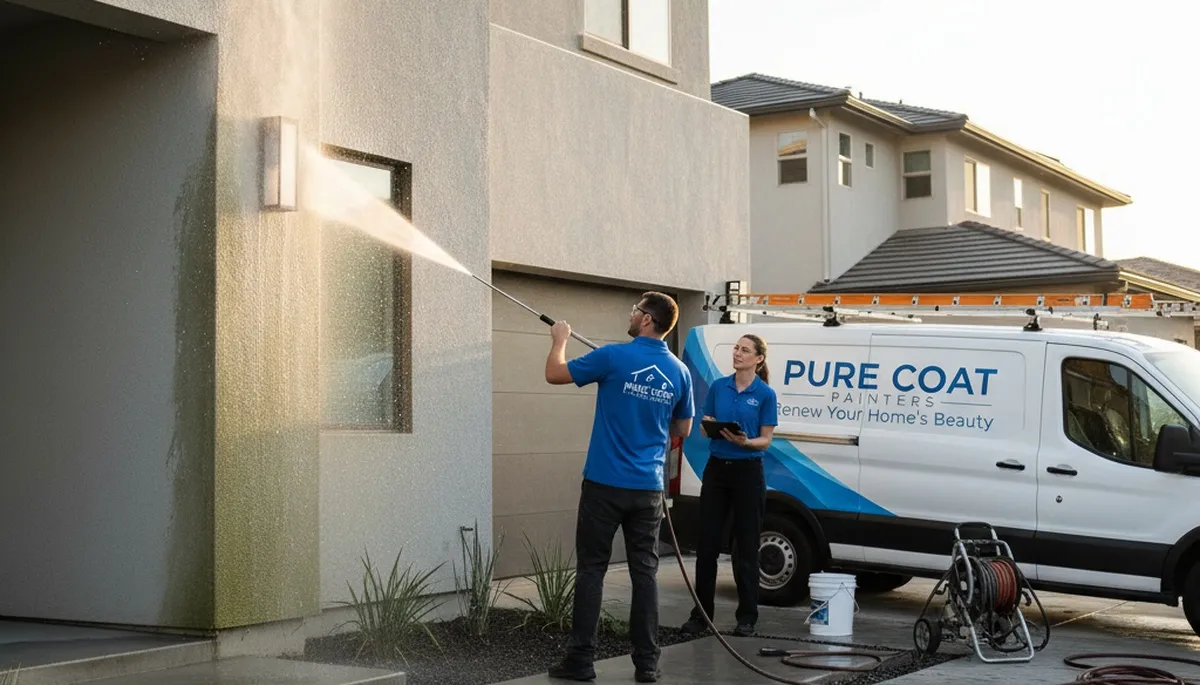 Pressure cleaning Tucson AZ home exterior restoring sun-damaged walls and removing desert dust professionally