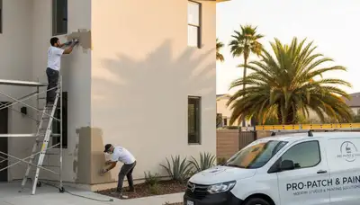 Professional stucco repair and crack restoration on Tucson, AZ home exterior by expert painters