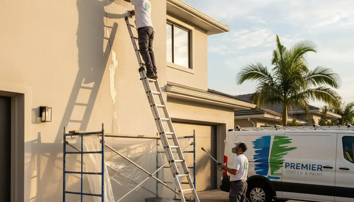 Professional stucco repair and crack restoration on Tucson, AZ home exterior by local painting experts
