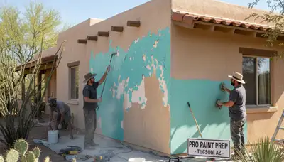 Painter preparing exterior stucco wall for new coating in Tucson, AZ home exterior painting project
